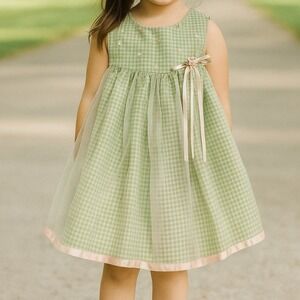Ashley Ann‎ Gingham Organza Dress Kids 24M Green Excellent Floral Ribbon Rose